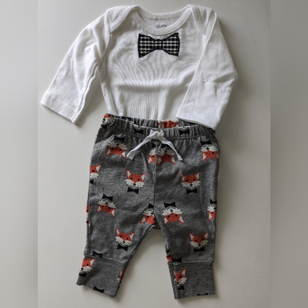 Baby boy size 3 months outfit white bowtie onesie and gray orange fox joggers